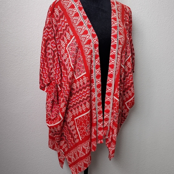 Angie women's boho hippie red orange artisticity midi kimono open cardigan L - Picture 8 of 10